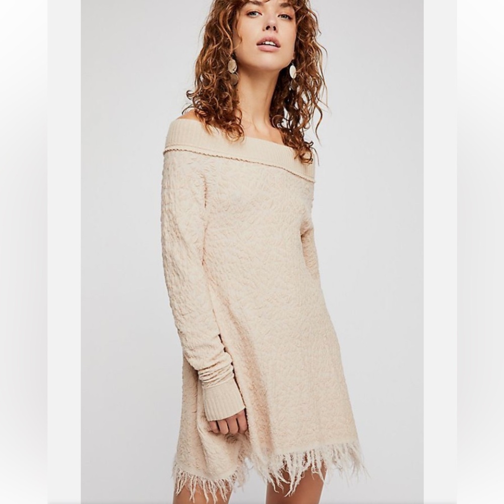 Free People Broken Glass Tunic Pullover Fringe Hem Crinkle Pink Sweater Dress